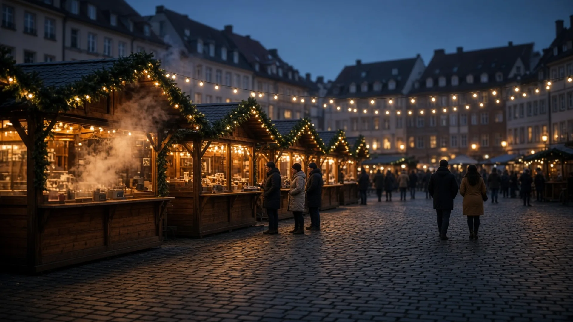 Beispielbild, KI-generiert: Weihnachtsmarkt mit beleuchteten Holzbuden am Abend